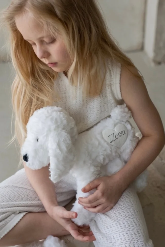 Metoo Plyšový psík s menom 35 cm biela – personalizovaný mojkáč pre deti