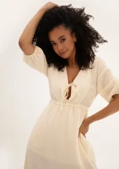 Liliane – krémové midi mušelínové šaty s viazaním
