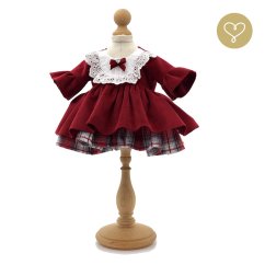 Bordové zamatové šaty pre bábiku – volánikové rukávy a čipkované detaily