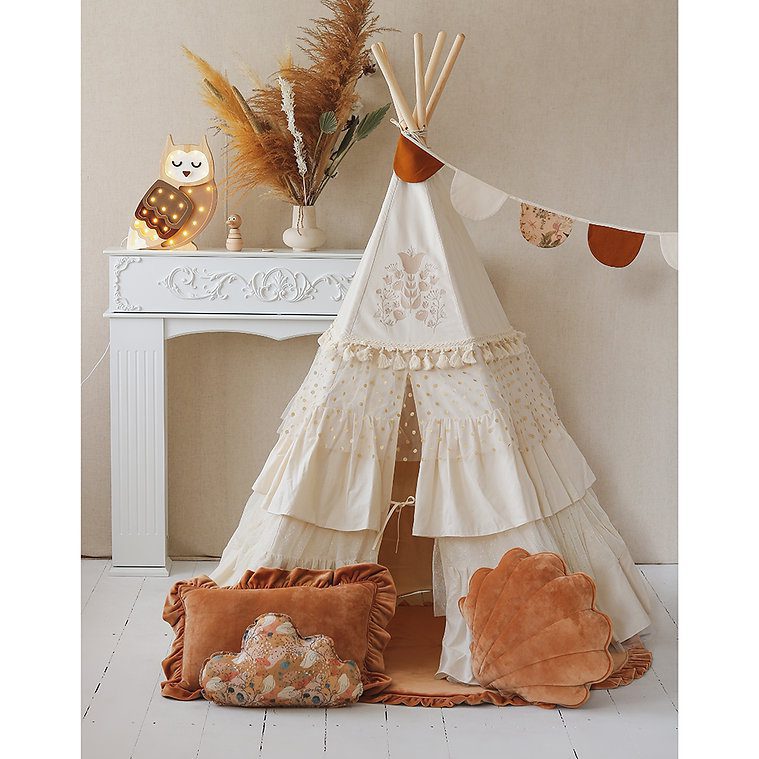 Boho stan teepee s volánky a výšivkou béžový