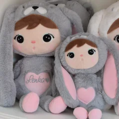 Bábika králik sivo ružový mini s menom Ela 30 cm