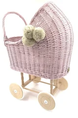 Prútený vysoký kočík pre bábiky ružová