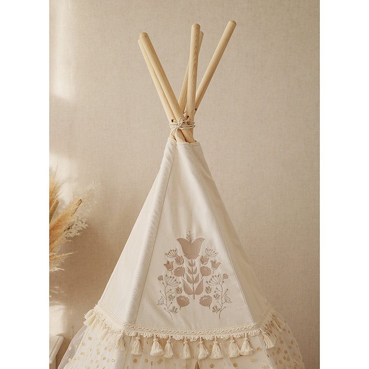 Boho stan teepee s volánky a výšivkou béžový