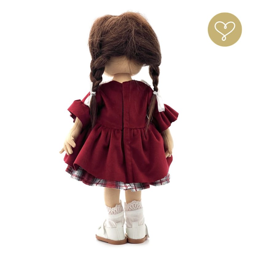 Bordové sametové šaty pro panenku – volánkové rukávy a krajkové detaily