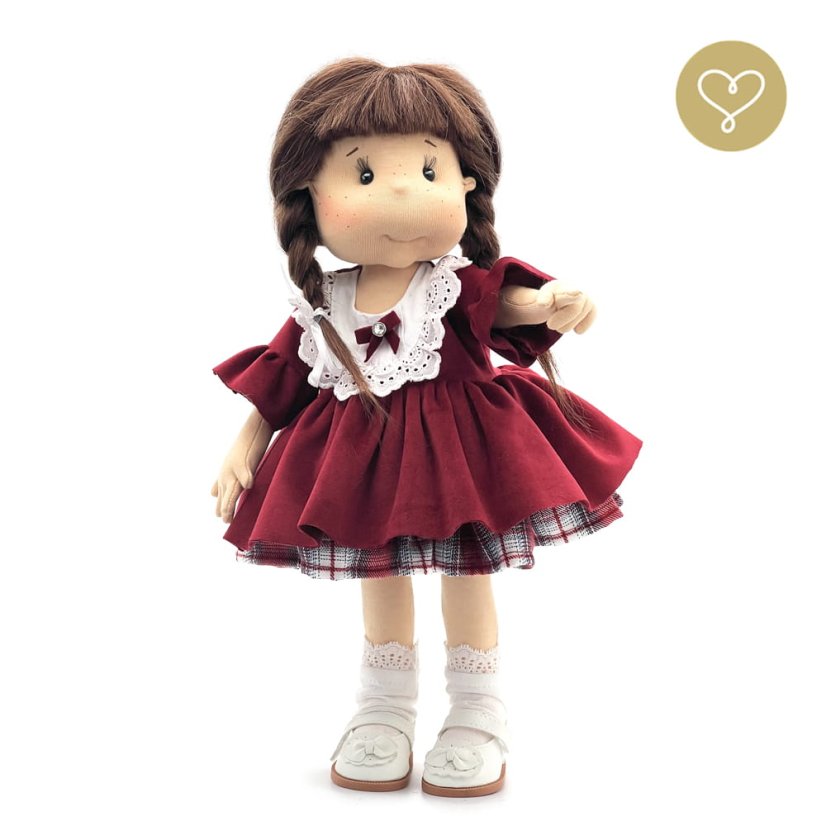 Bordové sametové šaty pro panenku – volánkové rukávy a krajkové detaily