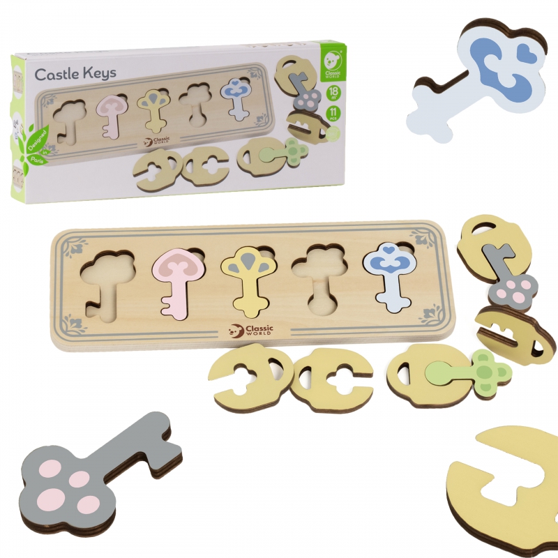 Drevené senzorické puzzle Montessori – zámky a kľúče