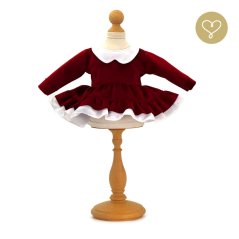 Bordové zamatové šaty pre bábiku – elegantný outfit s bielym golierom