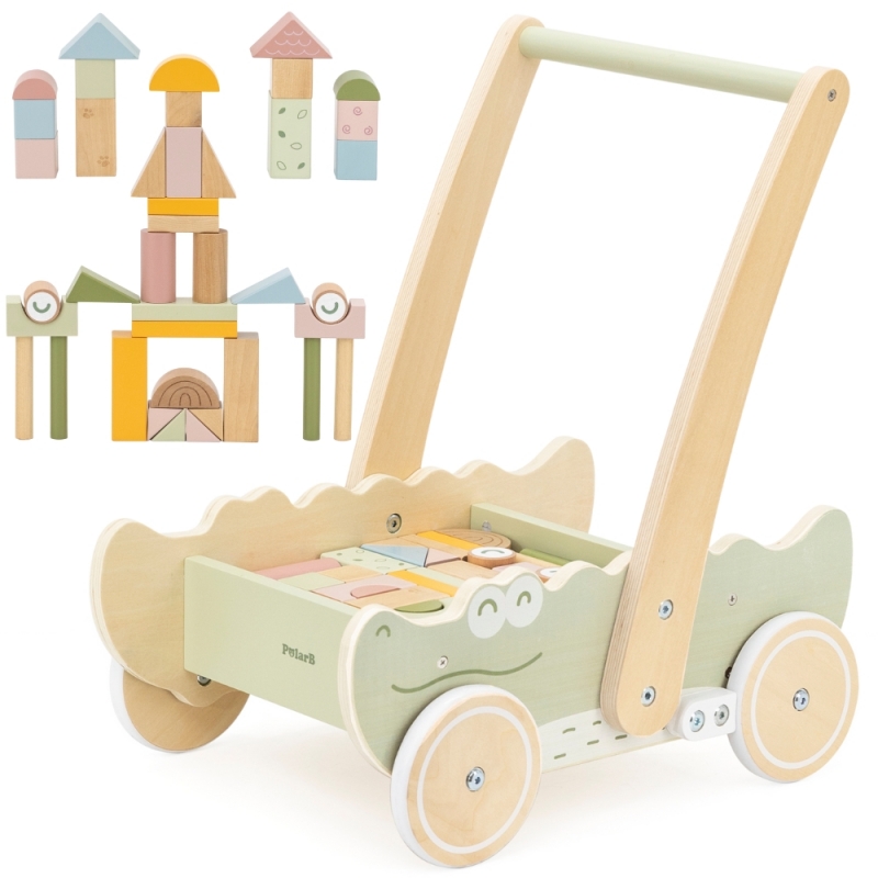 Drevený blokový vozík – krokodíl | Chodítko s kockami pre deti