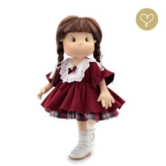 Bordové zamatové šaty pre bábiku – volánikové rukávy a čipkované detaily