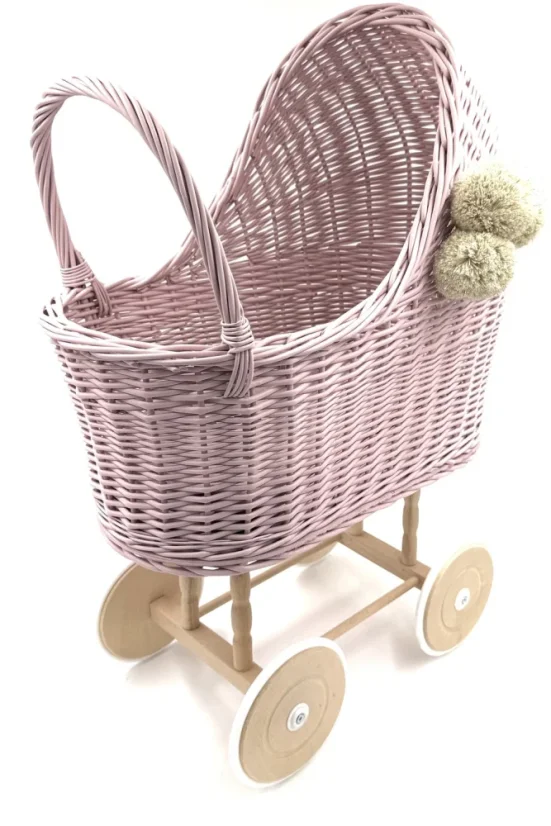 Prútený vysoký kočík pre bábiky ružová