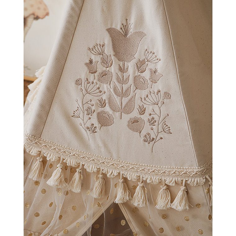 Boho stan teepee s volánky a výšivkou béžový