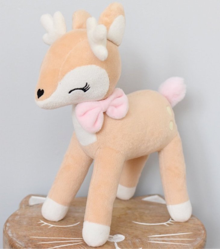 Plyšová srnka Bambi 35 cm s ružovou mašľou – jemná hračka pre dievčatko