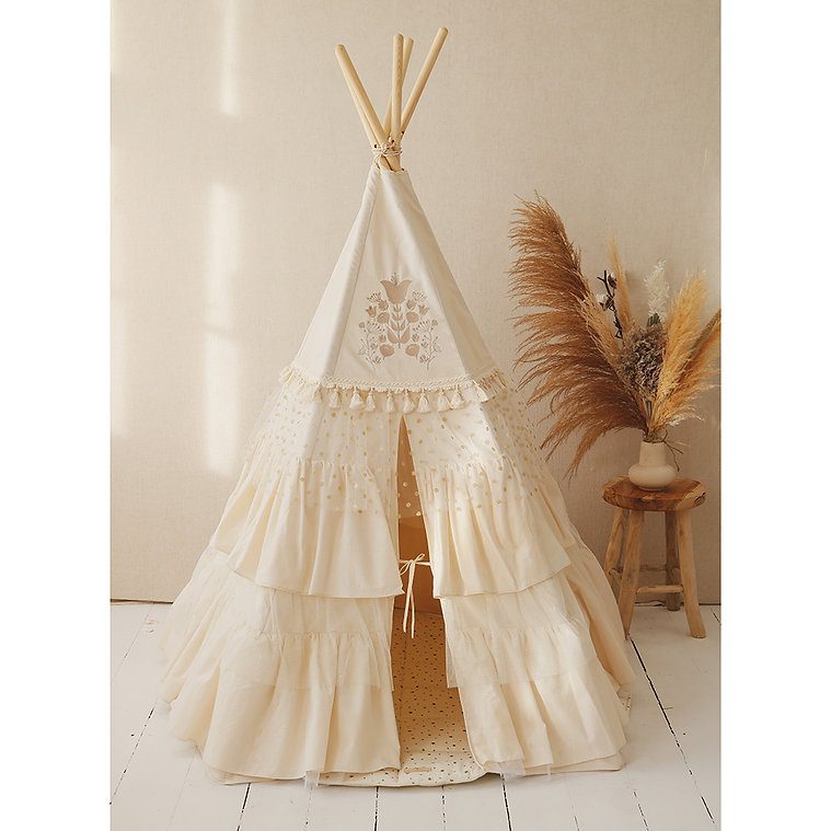 Boho stan teepee s volánky a výšivkou béžový