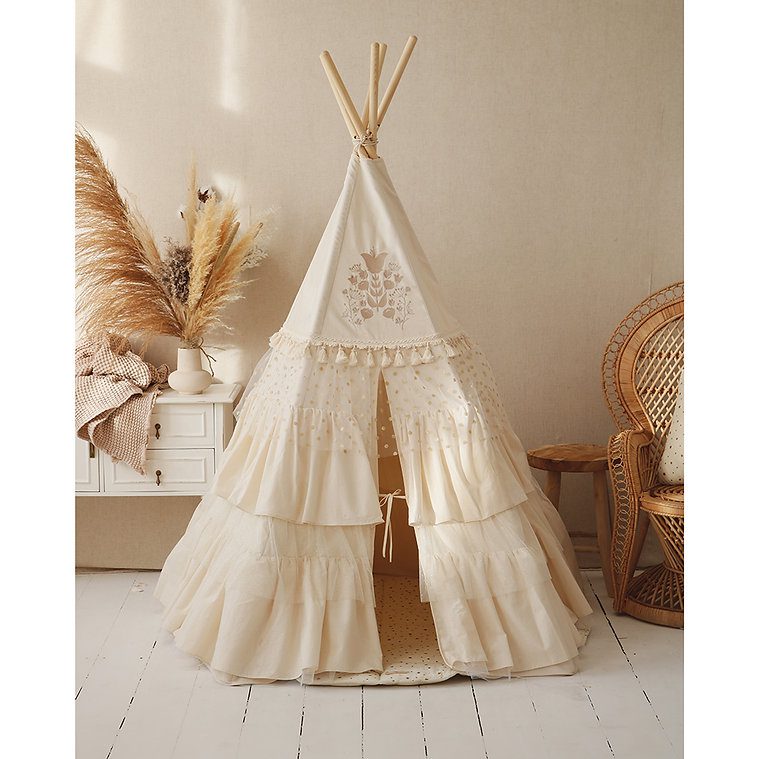 Boho stan teepee s volánky a výšivkou béžový