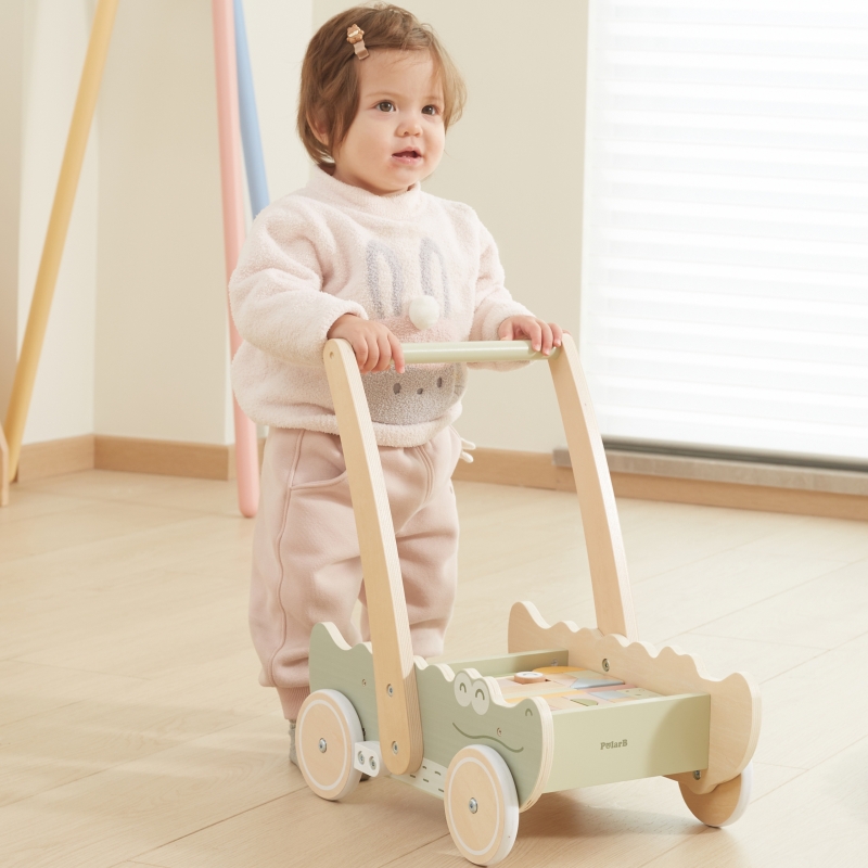 Drevený blokový vozík – krokodíl | Chodítko s kockami pre deti