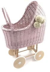 Prútený vysoký kočík pre bábiky ružová
