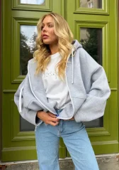 Lilo – šedá oversized mikina na zip s kapucí