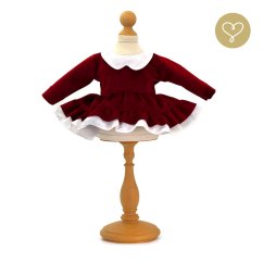 Bordové zamatové šaty pre bábiku – elegantný outfit s bielym golierom