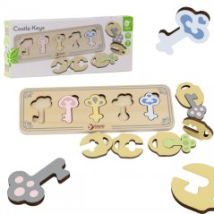 Drevené senzorické puzzle Montessori – zámky a kľúče