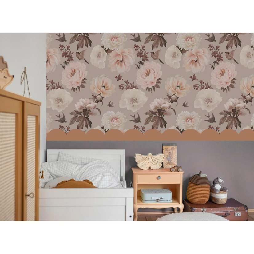 Tapeta pivonky a vtáky 280x100 cm