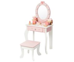 Veľká drevená toaletka ELLY pre deti s LED svetlom a taburetkou ružová