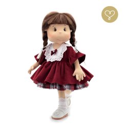 Bordové zamatové šaty pre bábiku – volánikové rukávy a čipkované detaily