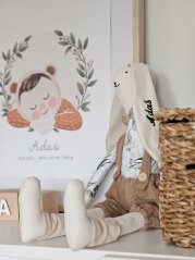 Plyšový králík v béžovém overalu eukaliptus se jménem dítěte
