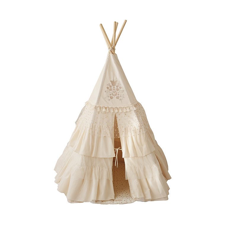 Boho stan teepee s volánky a výšivkou béžový