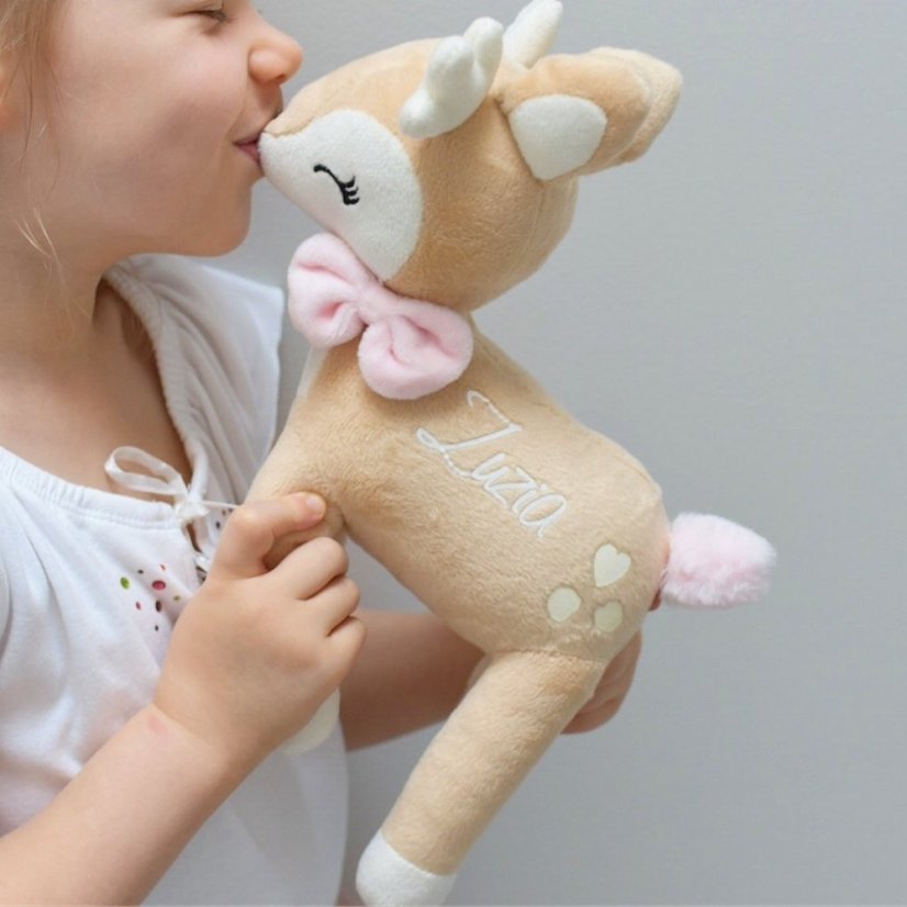 Plyšová srnka Bambi 35 cm – s růžovou mašlí a možností jména