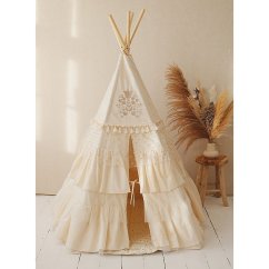 Boho stan teepee s volánikmi a výšivkou béžový