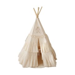 Boho stan teepee s volánikmi a výšivkou béžový