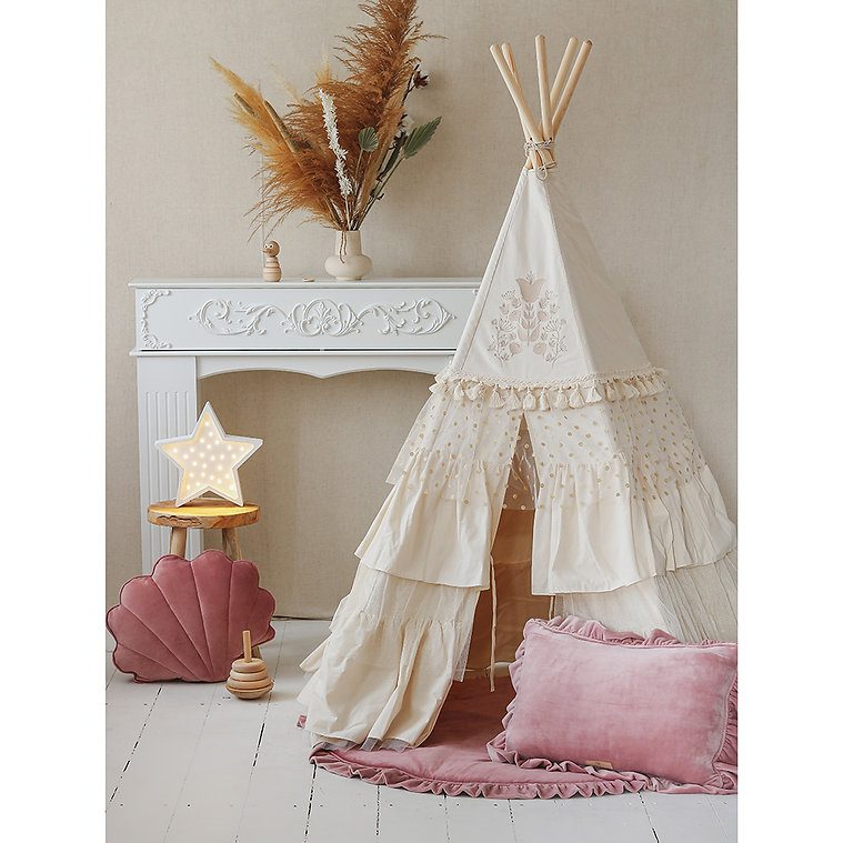 Boho stan teepee s volánky a výšivkou béžový