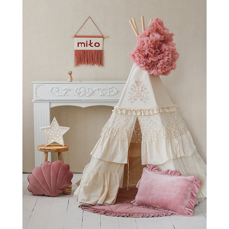 Boho stan teepee s volánky a výšivkou béžový